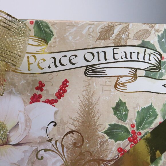Large Peace on Earth gift box with Gold wired ribbon bow Holiday Winter - Picture 3 of 14